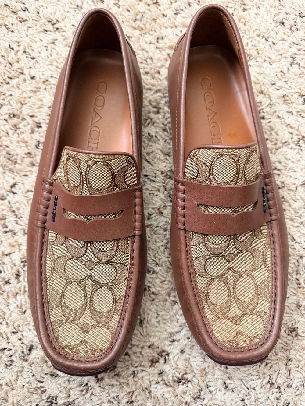 Coach Men’s signature Jacquard Brown Canvas Penny Loafers/Driving Shoes Sz 10D
